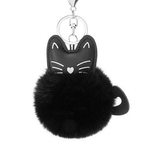 New! Black Kitty Cat Pom-Pom Charm Key Chain With Silver Hardware